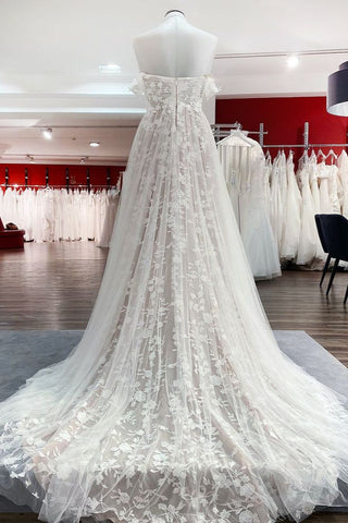 Precioso vestido de novia largo de corte A con hombros descubiertos, apliques de tul y encaje