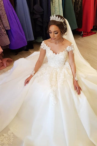 Preciosos vestidos de novia largos de corte A con hombros descubiertos y mangas