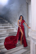 Magnifique robe de bal longue trapèze asymétrique sans manches à une épaule avec fente