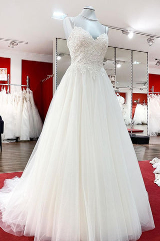 Preciosos vestidos de novia largos de corte A, escote corazón, tirantes finos, tul y encaje