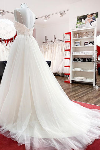 Preciosos vestidos de novia largos de corte A, escote corazón, tirantes finos, tul y encaje