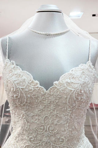 Preciosos vestidos de novia largos de corte A, escote corazón, tirantes finos, tul y encaje