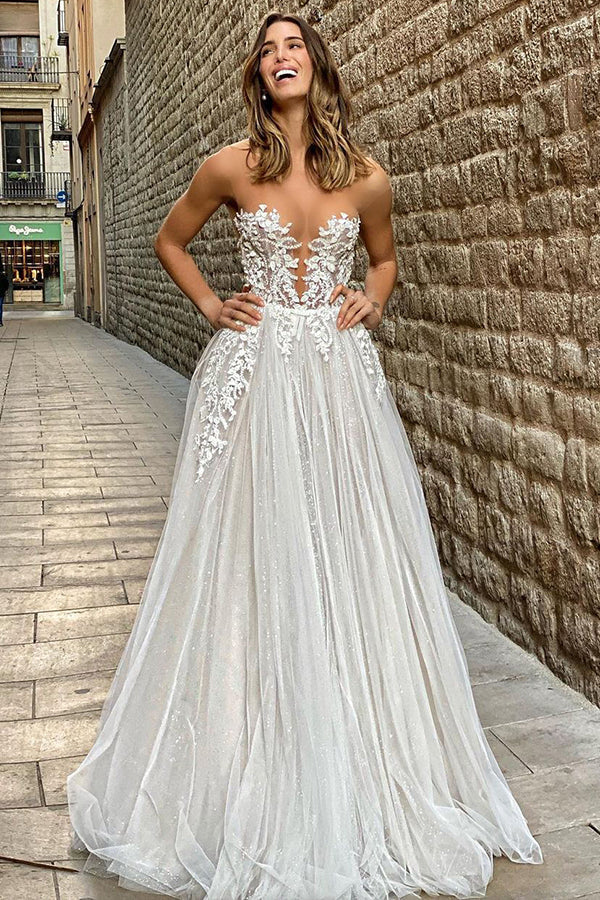 Gorgeous Long A-line Tulle Appliques Lace Wedding Dress