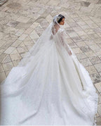 Precioso vestido de novia largo de corte A, escote en V, apliques de encaje y mangas, con mangas y escote en V.