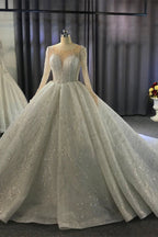 Magnifique robe de mariée longue de bal avec manches bateau et cristaux