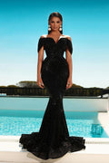 Magnifique robe de bal sirène noire longue à épaules dénudées avec paillettes