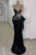 Precioso vestido largo de sirena negro, sin mangas y con un solo hombro, para baile de graduación, con encaje.