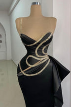 Precioso vestido largo de sirena negro, sin mangas y con un solo hombro, para baile de graduación, con encaje.