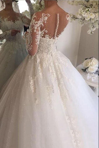 Preciosos vestidos de novia largos de corte A en tul color marfil con encaje y mangas