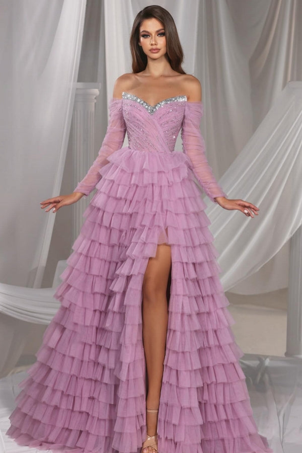 Superbe robe de bal longue lilas en tulle pailleté à épaules dénudées et fente