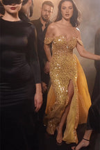 Gorgeous Long Mermaid Gold Off-the-shoulder Sequined Sleeveless Prom Dress With Slit
