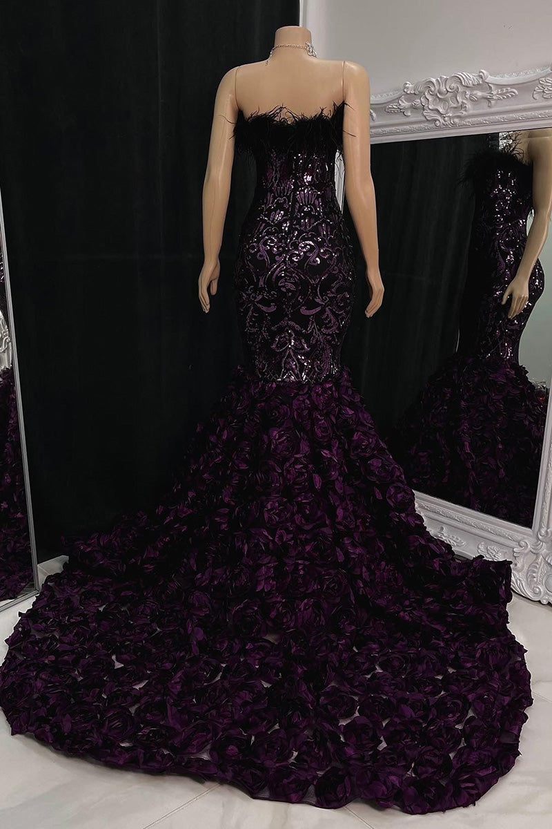 Precioso vestido largo de sirena sin mangas con encaje floral y flores para baile de graduación