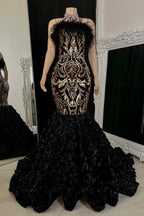 Precioso vestido largo de sirena sin mangas con encaje floral y flores para baile de graduación