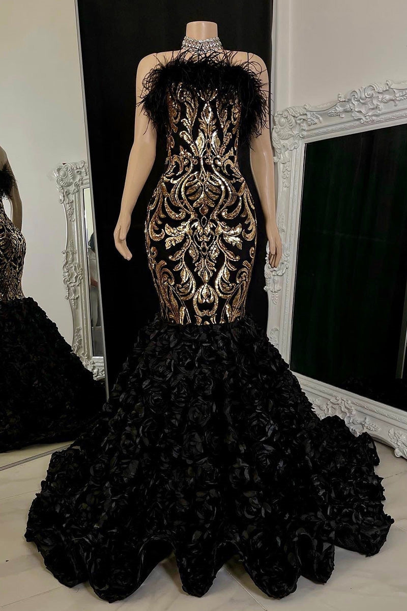 Precioso vestido largo de sirena sin mangas con encaje floral y flores para baile de graduación