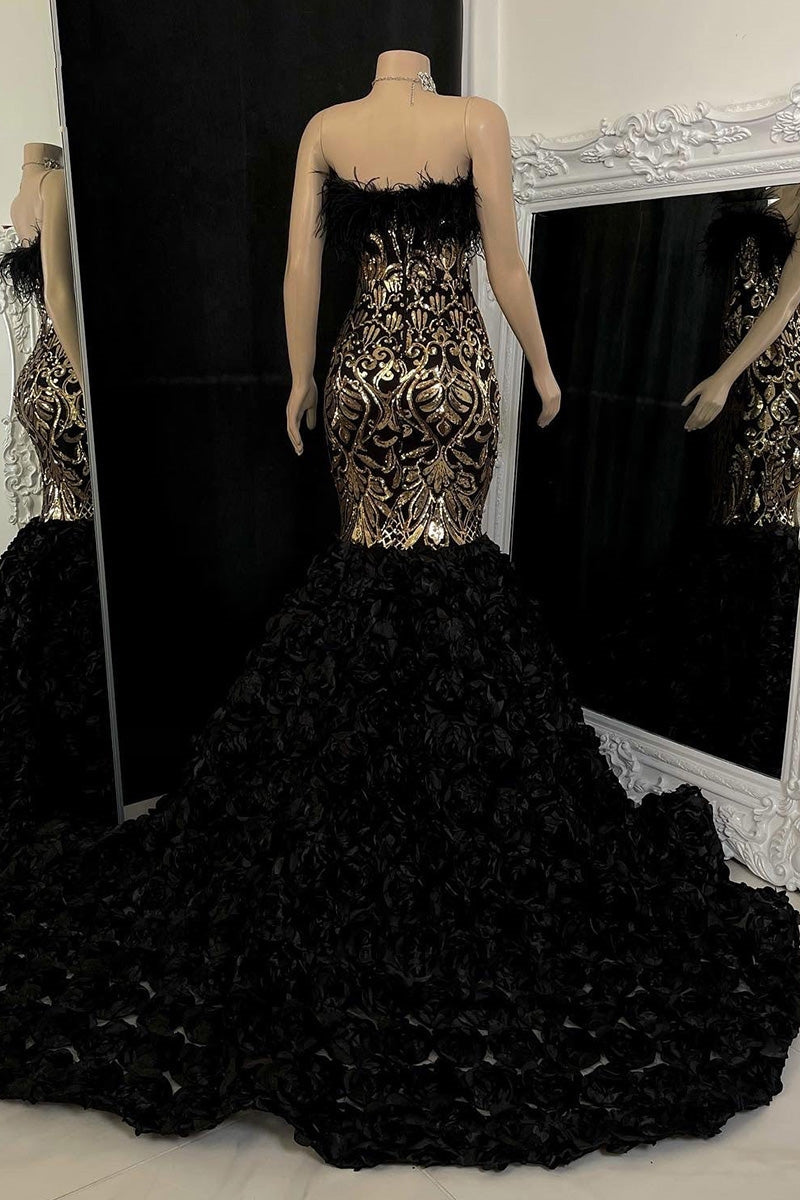 Precioso vestido largo de sirena sin mangas con encaje floral y flores para baile de graduación