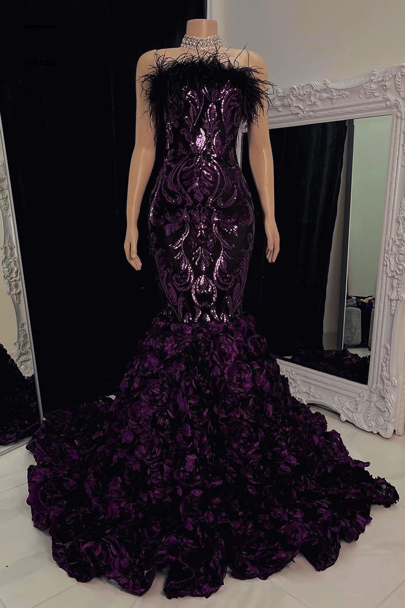 Precioso vestido largo de sirena sin mangas con encaje floral y flores para baile de graduación