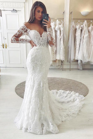 Precioso vestido de novia largo de sirena con encaje, hombros descubiertos y mangas