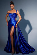 Precioso vestido de fiesta largo de sirena azul real con un solo hombro, lentejuelas y abertura
