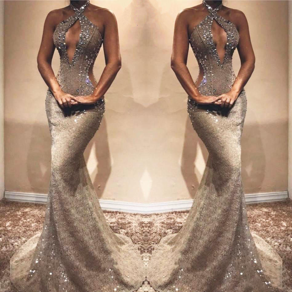 Magnifique robe de bal longue sirène sexy en dentelle et sequins sans manches