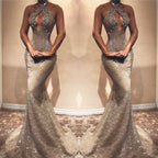 Magnifique robe de bal longue sirène sexy en dentelle et sequins sans manches