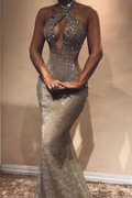 Magnifique robe de bal longue sirène sexy en dentelle et sequins sans manches