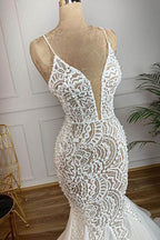 Magnifique robe de mariée sirène longue en organza et dentelle perlée à décolleté cœur