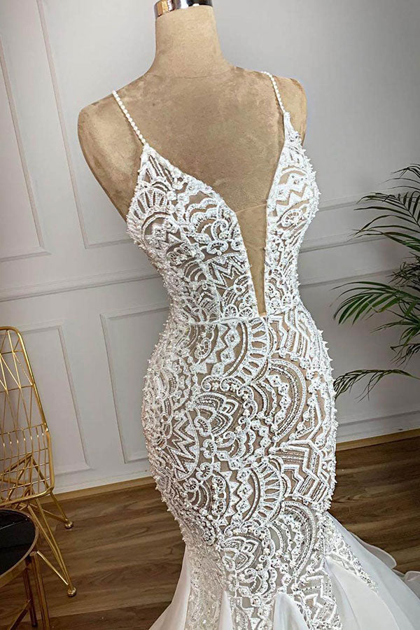 Magnifique robe de mariée sirène longue en organza et dentelle perlée à décolleté cœur
