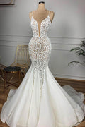 Magnifique robe de mariée sirène longue en organza et dentelle perlée à décolleté cœur