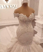 Preciosos vestidos de novia largos de sirena con hombros descubiertos y espalda descubierta con cristales