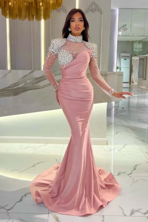 Precioso vestido largo de sirena naranja de cuello alto y mangas largas para baile de graduación.