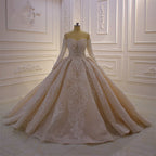 Precioso vestido de novia de corte princesa con apliques de encaje, manga larga y hombros descubiertos