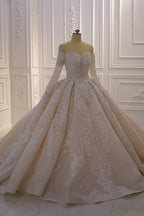 Precioso vestido de novia de corte princesa con apliques de encaje, manga larga y hombros descubiertos