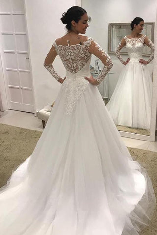 Precioso vestido de novia de corte A, manga larga, tul y encaje