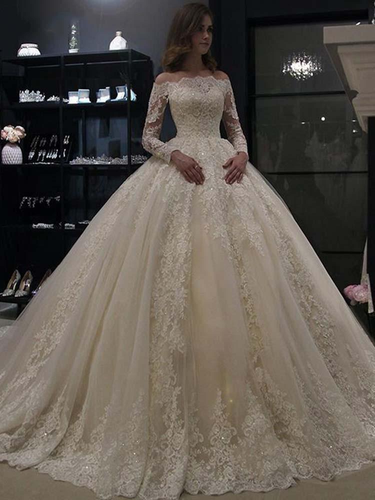 Preciosos vestidos de novia de tul y encaje de manga larga tipo gala