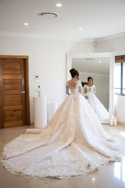Robe de mariée somptueuse à manches longues en dentelle florale douce et décolleté en V 
