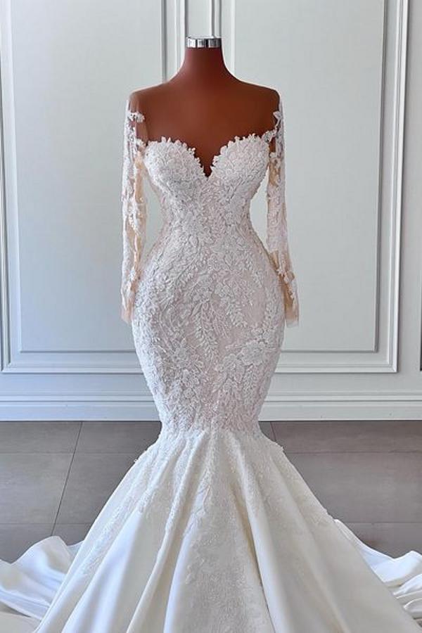 Magnifique robe de mariée sirène blanche à manches longues et décolleté en cœur