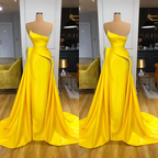 Precioso vestido largo de fiesta amarillo de corte A, sin mangas y con lentejuelas