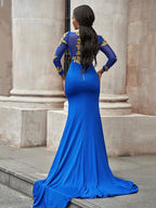 Preciosos vestidos de fiesta de sirena con apliques, mangas largas, cuello alto y confeccionados en punto.