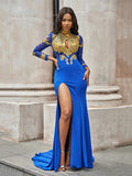 Preciosos vestidos de fiesta de sirena con apliques, mangas largas, cuello alto y confeccionados en punto.
