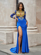 Preciosos vestidos de fiesta de sirena con apliques, mangas largas, cuello alto y confeccionados en punto.