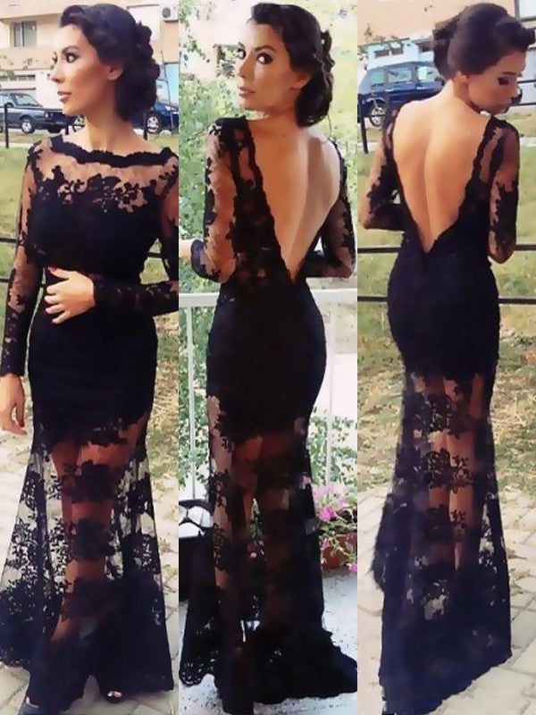 Magnifiques robes de bal en dentelle à manches longues et bateau sirène