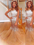 Preciosos vestidos de fiesta de sirena sin mangas con lentejuelas y tul, estilo barco.