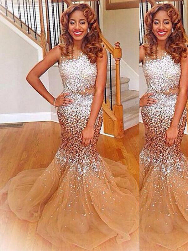 Preciosos vestidos de fiesta de sirena sin mangas con lentejuelas y tul, estilo barco.