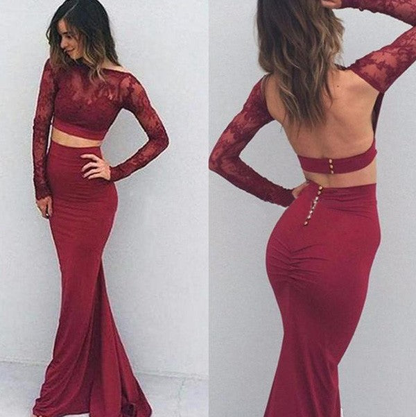 Preciosos vestidos de fiesta de sirena con escote barco, mangas largas y largo hasta el suelo, de spandex.