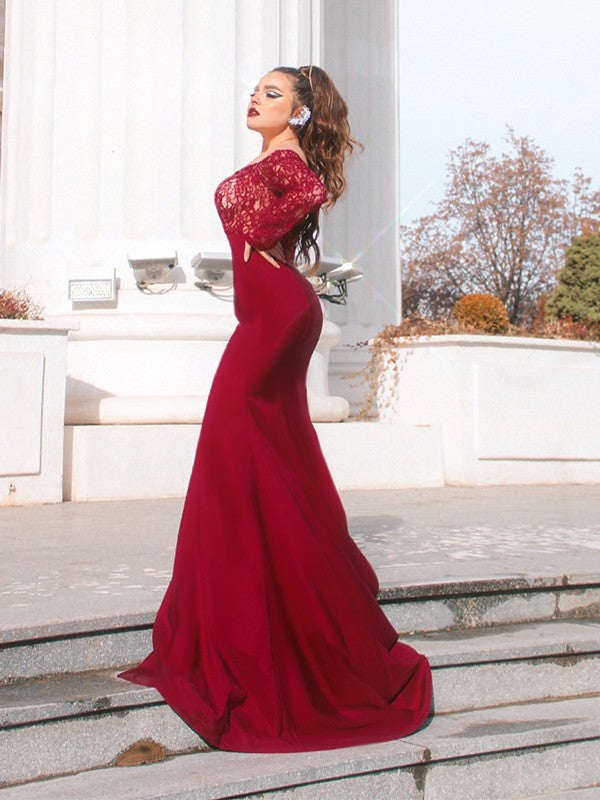 Magnifique robe de bal sirène en satin tissé élastique à appliqués, épaules dénudées et manches longues