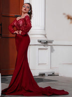 Magnifique robe de bal sirène en satin tissé élastique à appliqués, épaules dénudées et manches longues