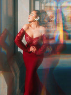 Magnifique robe de bal sirène en satin tissé élastique à appliqués, épaules dénudées et manches longues
