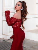 Magnifique robe de bal sirène en satin tissé élastique à appliqués, épaules dénudées et manches longues