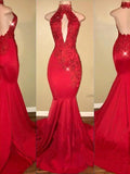 Magnifique sirène licou sans manches Applique Charmeuse robes de bal