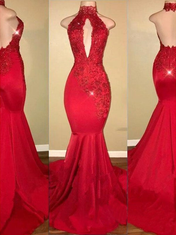 Magnifique sirène licou sans manches Applique Charmeuse robes de bal